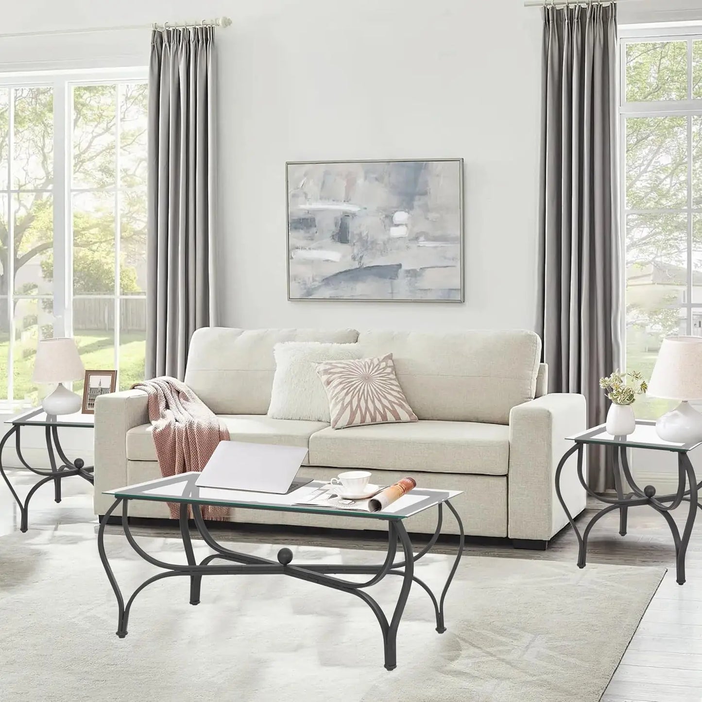3-Piece Coffee Table Set, Tempered Glass Surface Living Room Sets, Coffee Table & 2 End Side Table, Metal Frame.