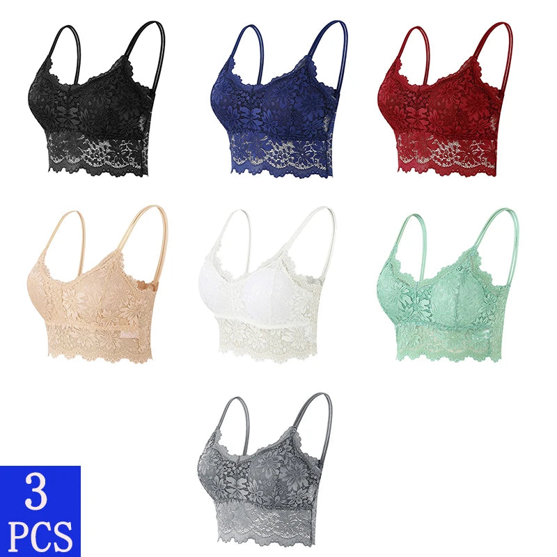 3PCS Women's Lace Top Comfortable Bralette, Solid Color Underwear Vest.