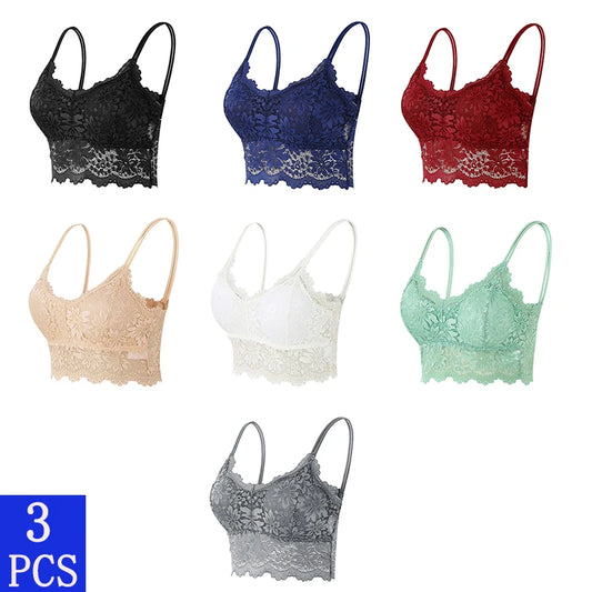 3PCS Women's Lace Top Comfortable Bralette, Solid Color Underwear Vest.