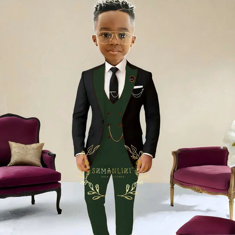 Boys Suit , Tuxedo Black Jacket, Beige Pants ,Vest 3 Pieces Set Kids 2-16 Years Old.