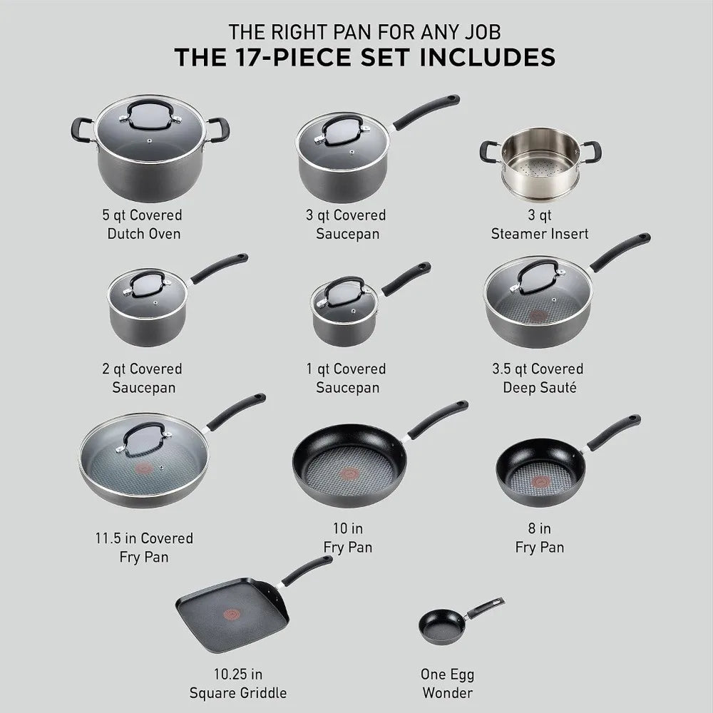 17-Piece Nonstick Cookware Set, Hard Anodized Pots and Pans with Thermo-Spot, Dishwasher Safe, Oven Safe Up to 400°F.