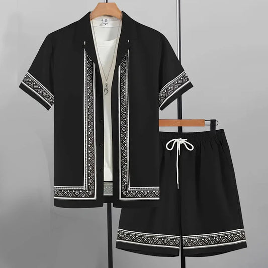 New Men Summer Holiday Suit Textured Printed Shirt Short Sleeve, Two Piece Men Breathable Pool Suit.