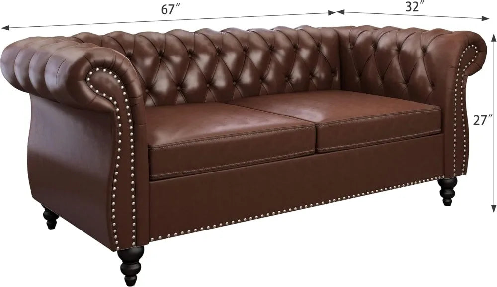 2pc Modern Tufted Faux Leather Living Room Sofa Set With Button & Nailhead Trim Scroll Arms, Grey, Customized