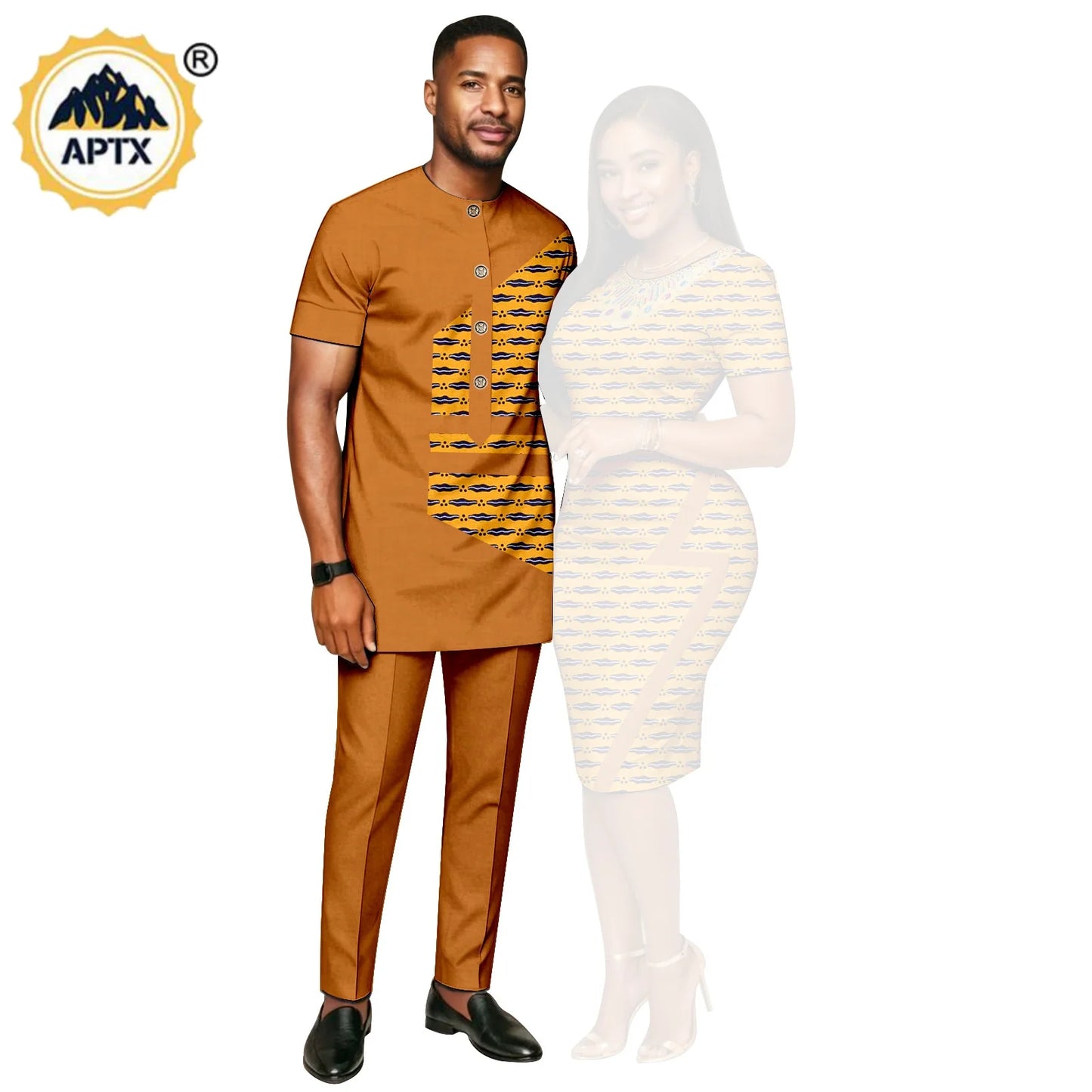 African Print Slim Hip Knee-length Dresses for Women, Matching Couple Outfits Dashiki Men Patchwork Top and Pant Sets 26C019.