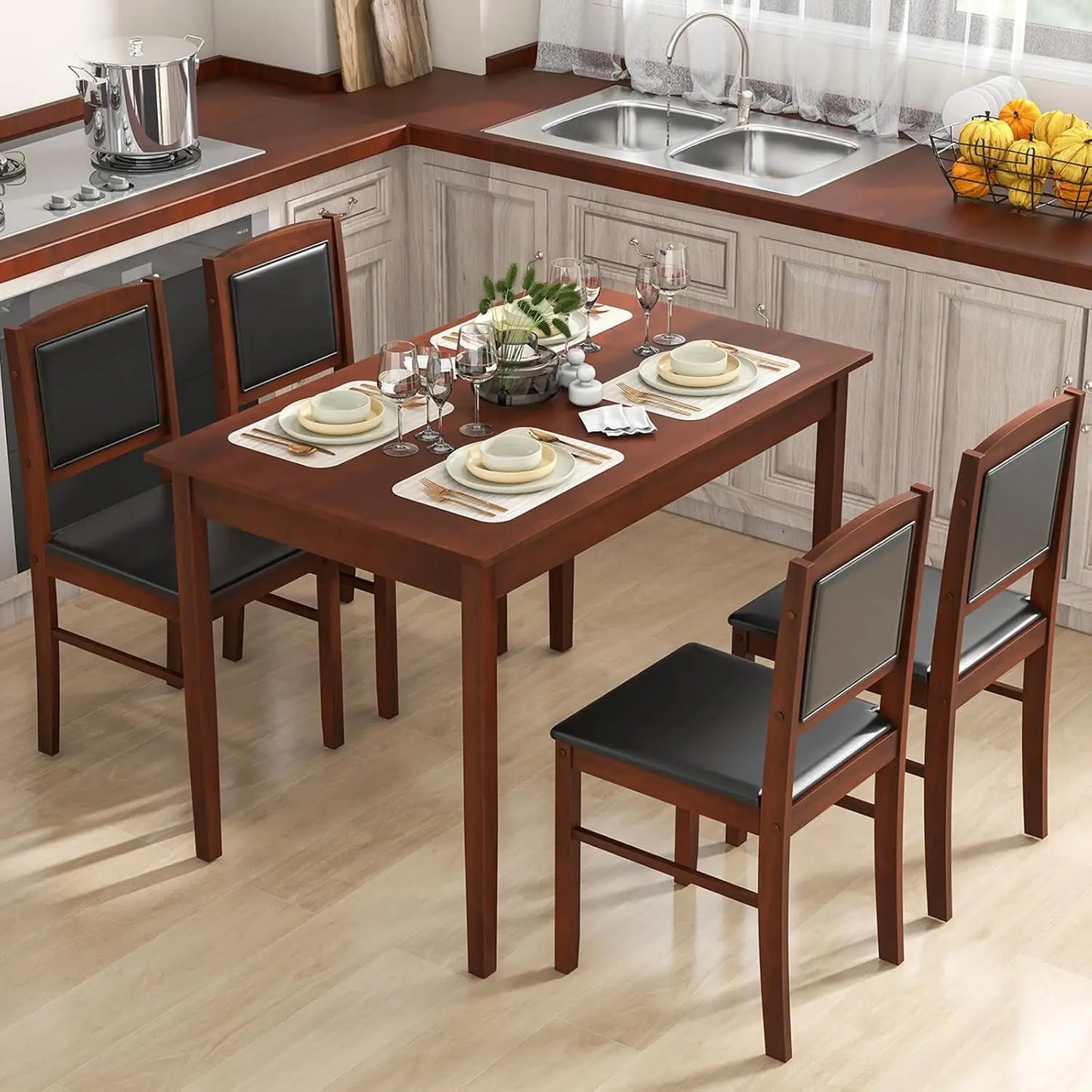 Dining Table Set for 4, Farmhouse Solid Wood Dinette Set w/Rubber Wood Legs, Upholstered Seat & Padded Backrest.