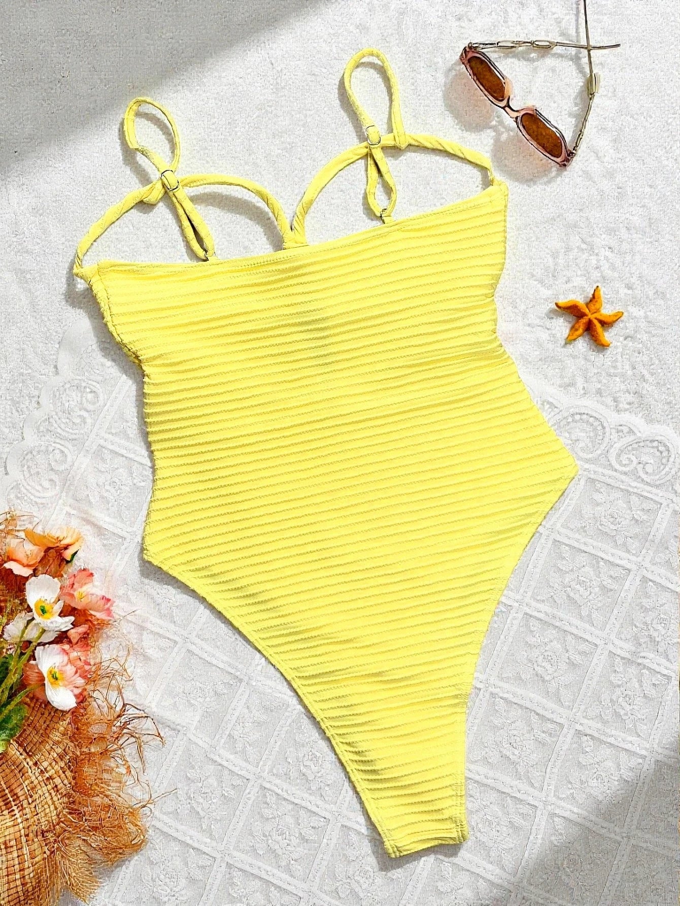 Sexy Yellow Swimwear, Women 2026 Hollow Out Cross Tummy Control One Piece Swimsuit Backless Bathing Suit.