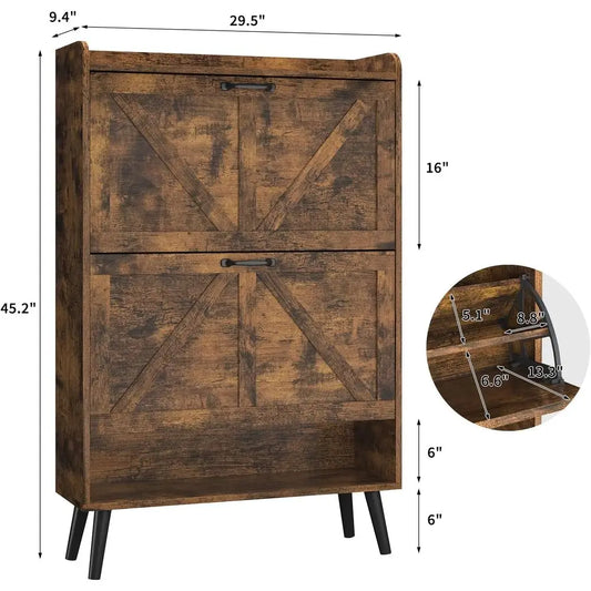 Rustic Brown Slim Shoe Cabinet with 2 Flip Drawers and Wooden Legs for Entryway Storage