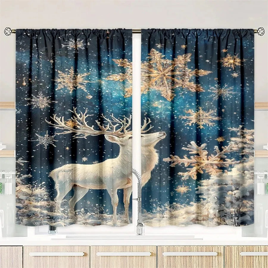 2pcs Sparkling Snowflake Deer Curtain, Winter Window Decor Polyester Drapes.