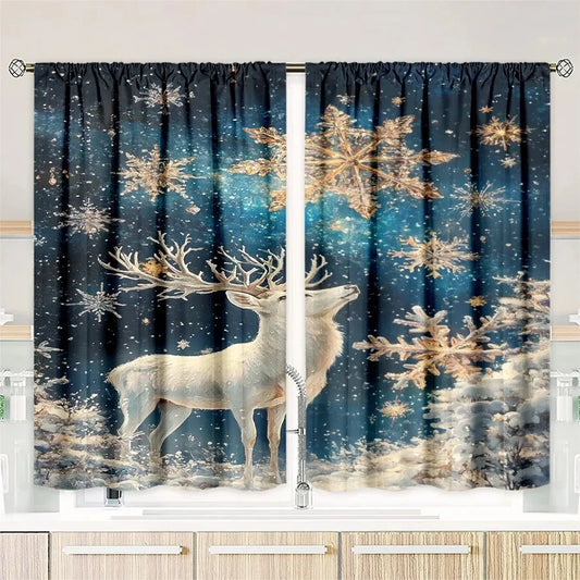 2pcs Sparkling Snowflake Deer Curtain, Winter Window Decor Polyester Drapes.