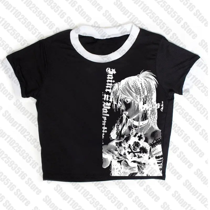 Y2k anime Streetwear O-neck 90s Text Printing , Simple Vintage Crop Aesthetic T-shirt.