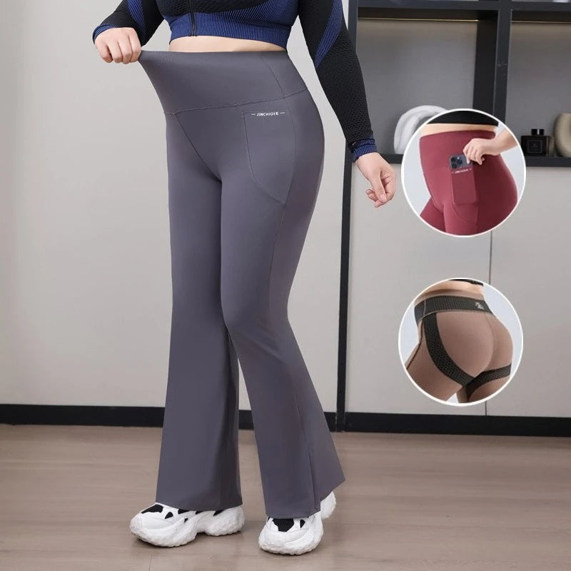 Plus Size Fit Yoga Flared Trousers, Seamless, Two Sides Pocket Leggings High Waist Push Up Butt Training Leggings.