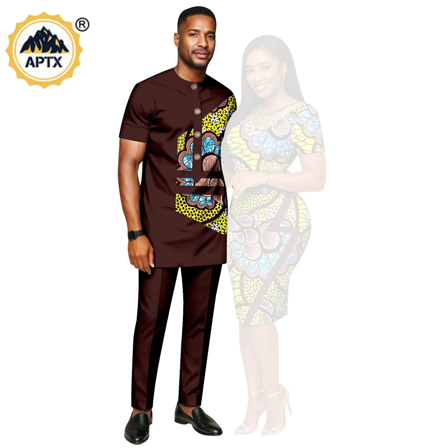 African Print Slim Hip Knee-length Dresses for Women, Matching Couple Outfits Dashiki Men Patchwork Top and Pant Sets 26C019.