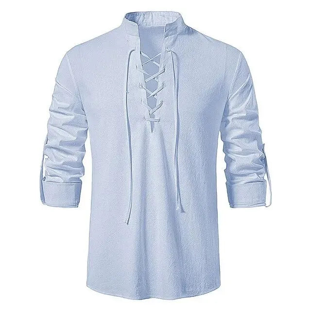Men Shirts Casual Cotton Linen Long Sleeve Shirt Spring, Autumn Vintage Shirt US Size Drawstring Neck.
