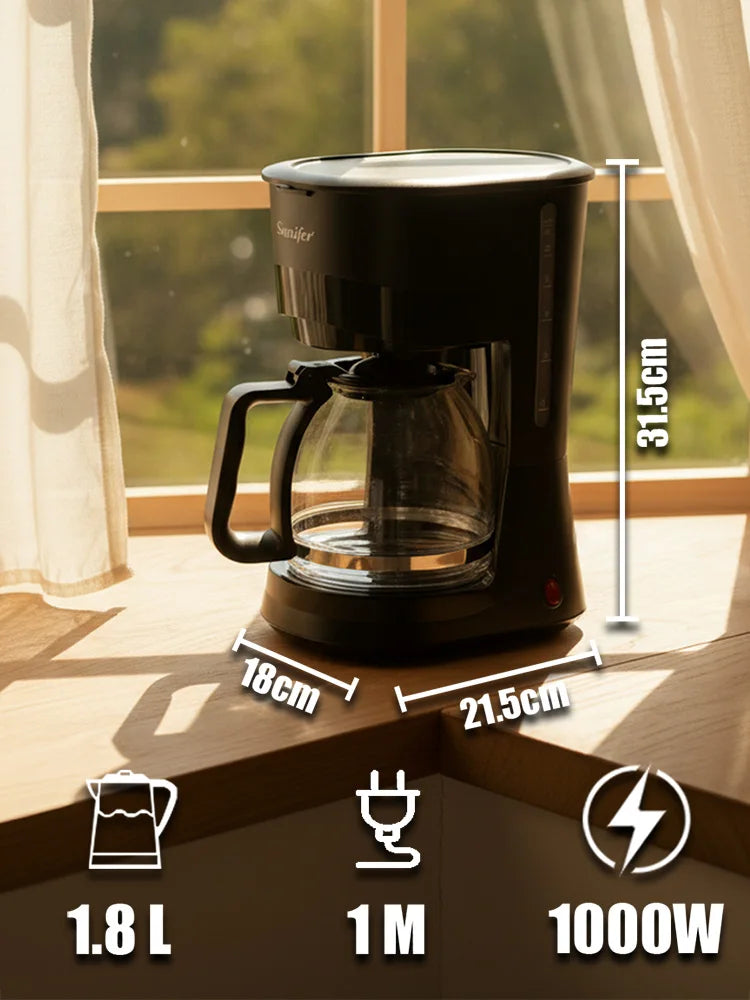 Sonifer SF-3596 Drip Coffee Maker, 1.8L 1000W Large Capacity Cafe Machine 12-15 Cups, Borosilicate Glass Carafe Permanent Filter.
