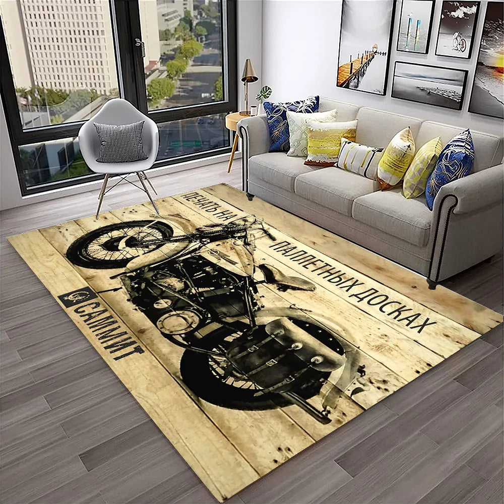 3D Retro Motorcycle Vintage  Rug for Living Room, Bedroom, Playroom Kid Area Rug Non-slip