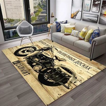 3D Retro Motorcycle Vintage  Rug for Living Room, Bedroom, Playroom Kid Area Rug Non-slip