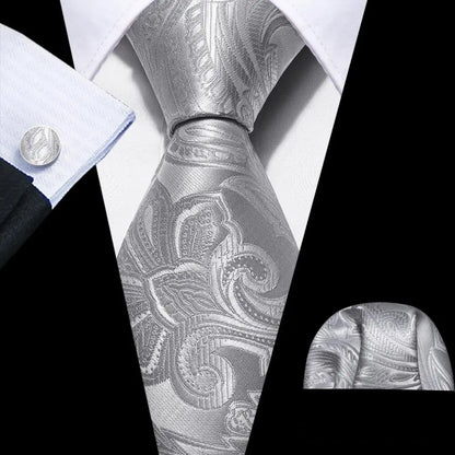 Black White Gray Silver Men Tie Handkerchief Cufflinks Set.