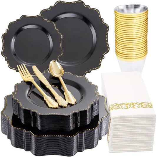 175PCS Black Dinnerware Set with Disposable Silverware for 25 Guests 50 Dinner Plates