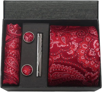 100% Silk Necktie Paisley Floral Men Business Tie, Pocket Square ,Tie Clip ,Cufflinks Set  Gift Box.