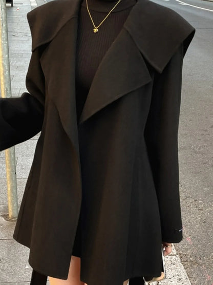 Winter Wool Coat Women, Chic Navy Collar, Belted Waist