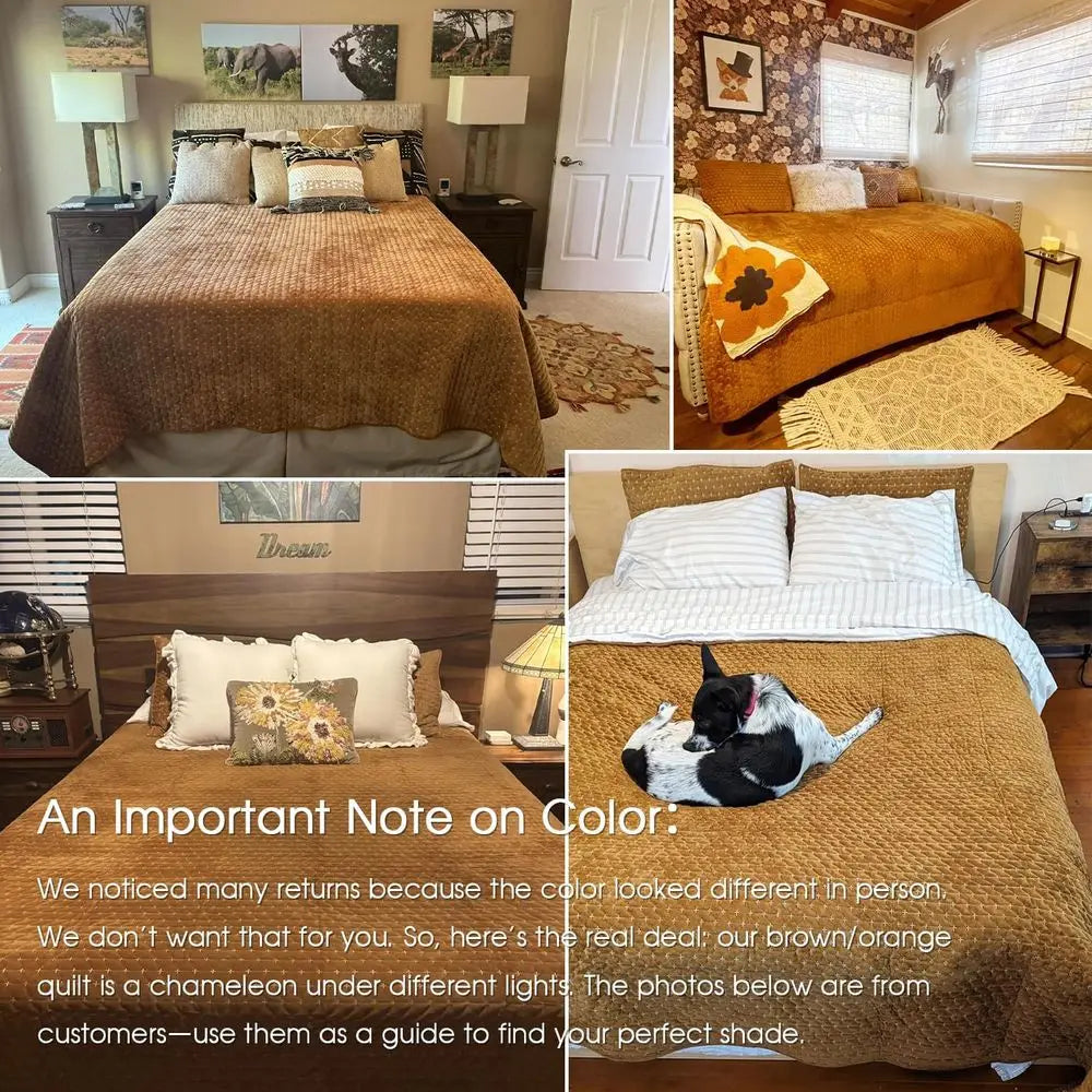 Luxurious King Size Velvet Quilted Coverlet Set with Pillow Shams in Brown, 96x106 Striped Comforter.