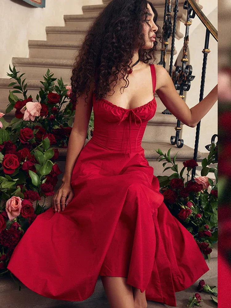 Elegant A Line Midi Dress, Sexy Spaghetti Strap Lace Up Red  Party Dresses.