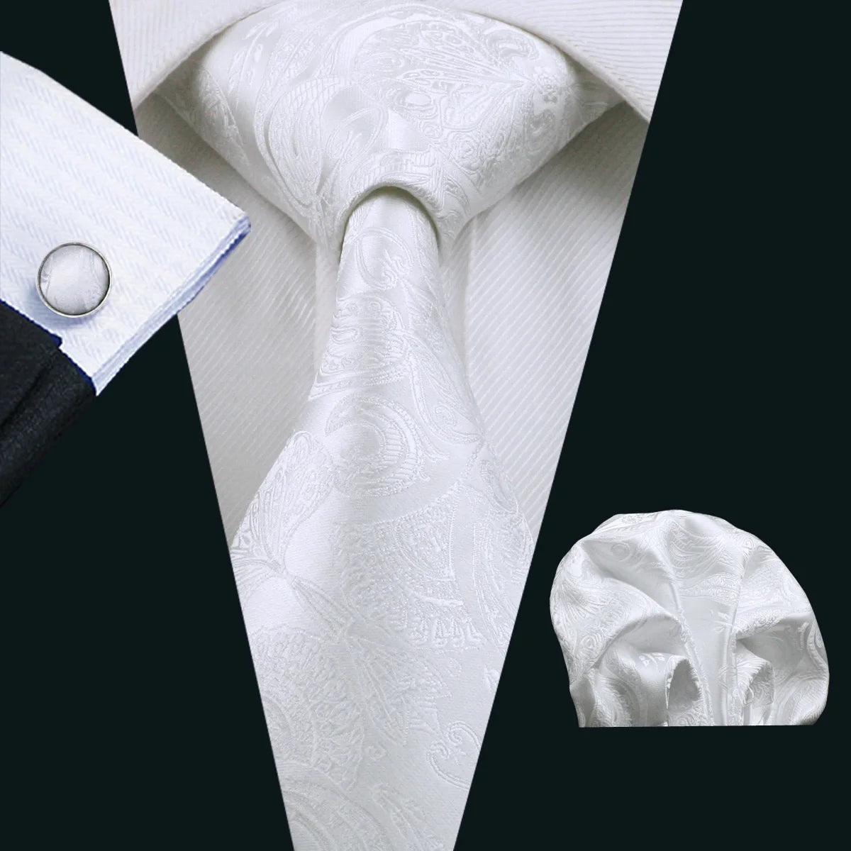 Black White Gray Silver Men Tie Handkerchief Cufflinks Set.