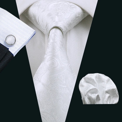 Black White Gray Silver Men Tie Handkerchief Cufflinks Set.