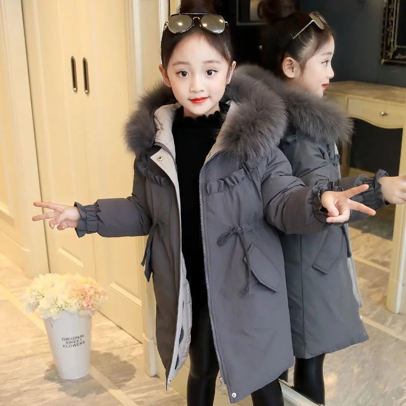 Warm Jackets for Girls Two Colors, Faux Fur Hooded Coat , White Duck Down Parkas