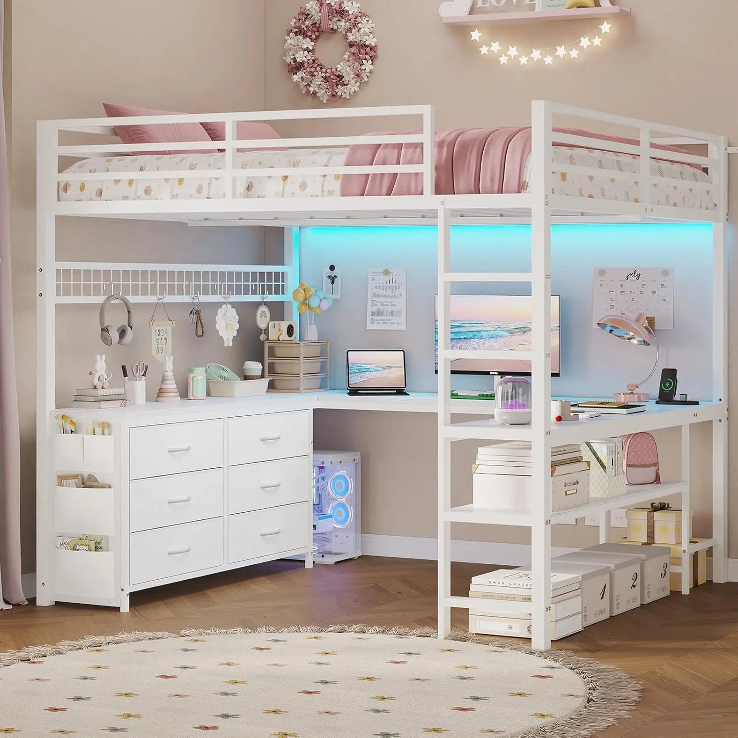 Loft Bed Full Size with U-Shaped Desk, 6 Storage Drawers, Power Outlet, LED.