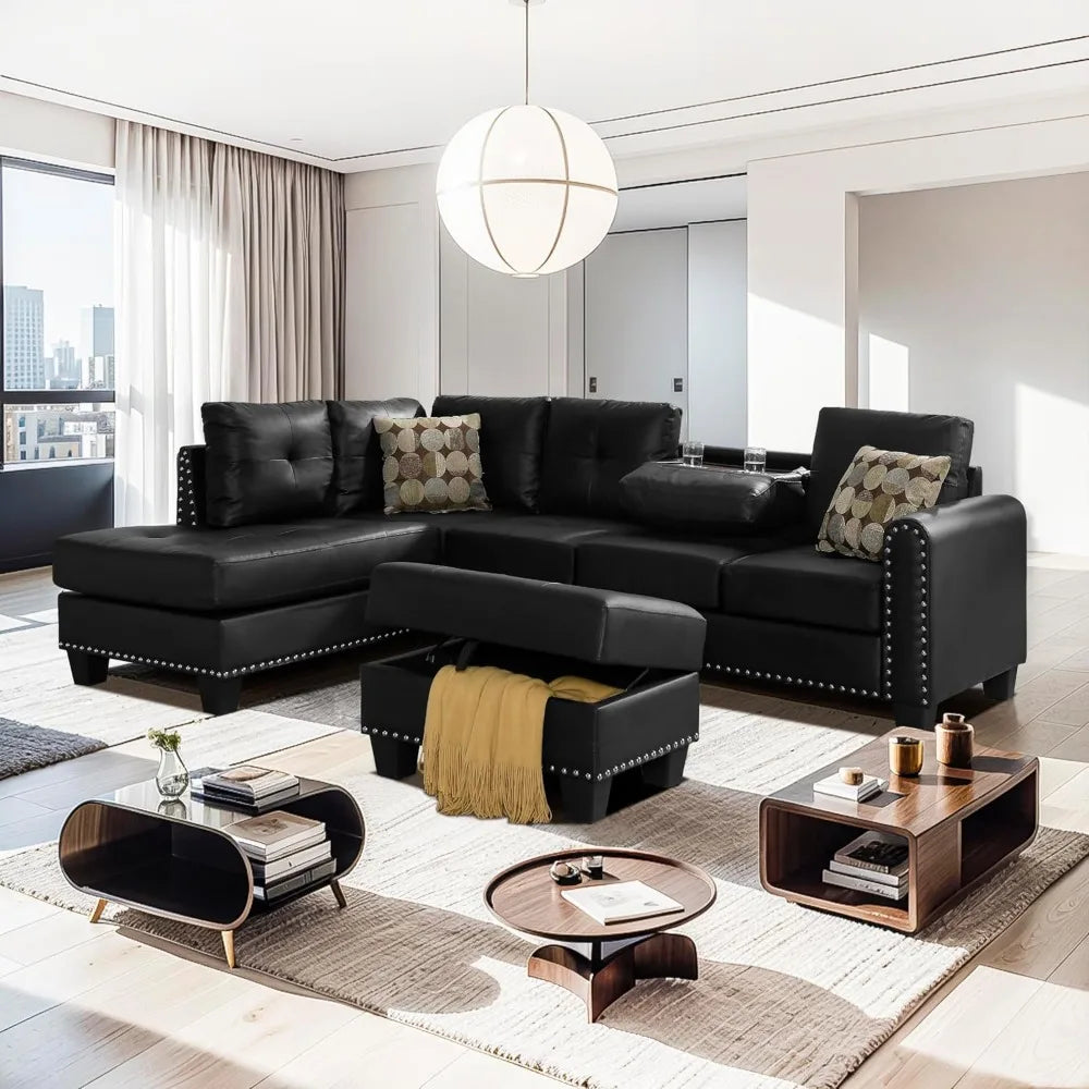 3-Piece Sectional Couch Set L Shape 98" Wide Sofa, with 2 Cup Holders, Storage Ottoman