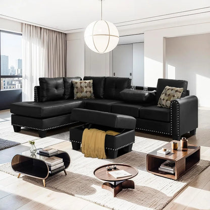 3-Piece Sectional Couch Set L Shape 98" Wide Sofa, with 2 Cup Holders, Storage Ottoman