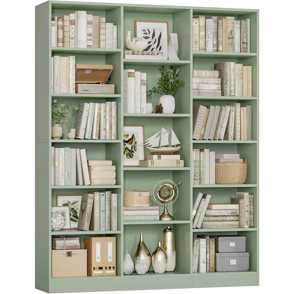 Triple Wide Six Tier Bookshelf 74 Inches Tall Seventeen Open Display Shelves for Living Room Office Library
