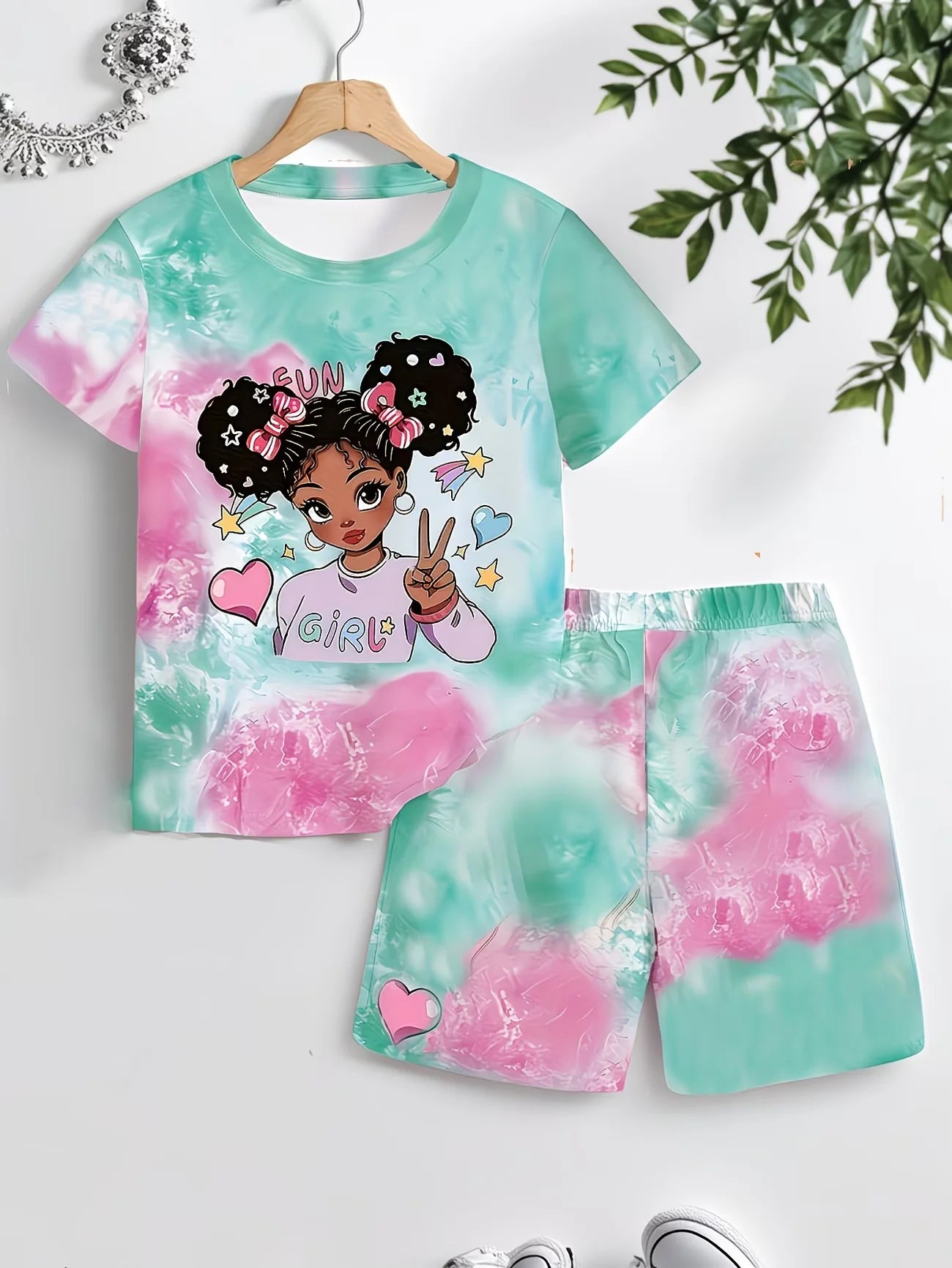 Kawaii Anime Print Kids Sport Suit, 2-Piece Set Girls Casual Summer Clothes.