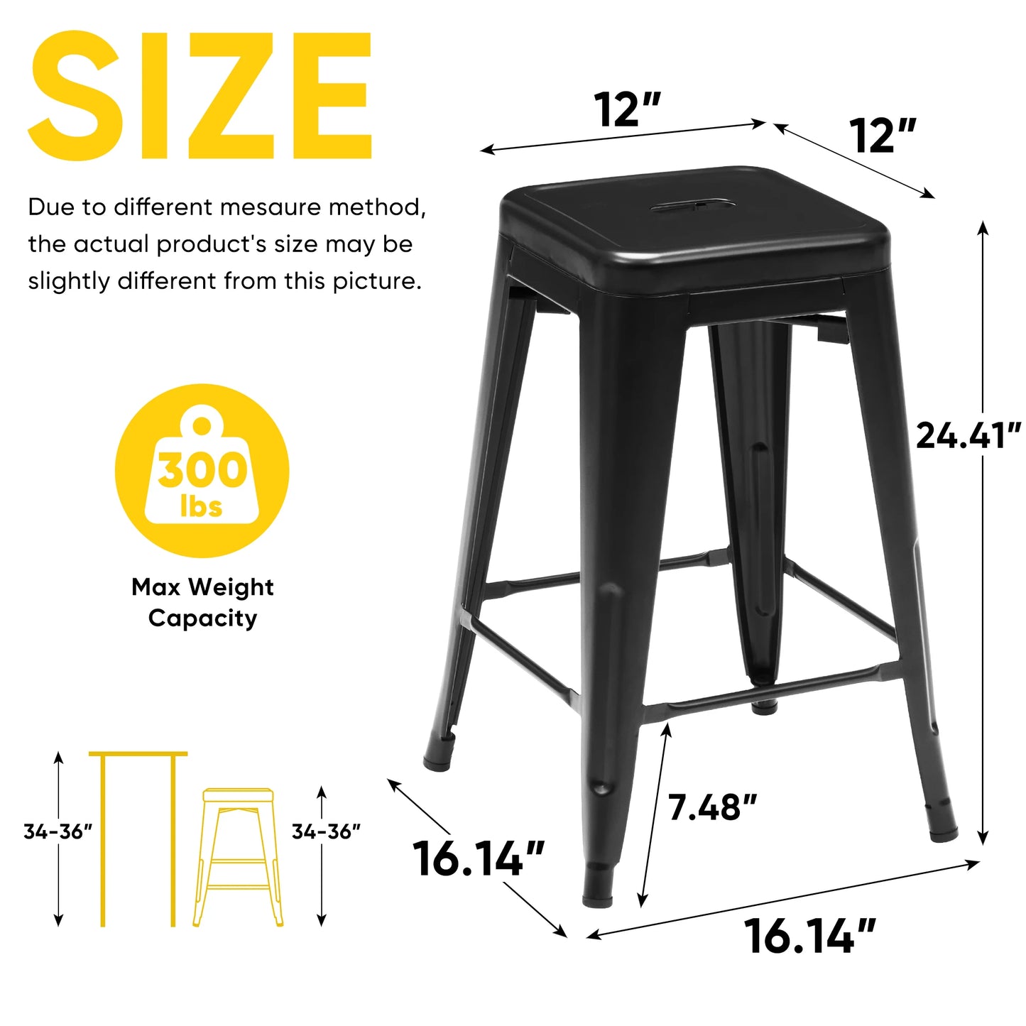 JHK 24 IN Metal Bar Stools, Set of 4 Stackable Stools, No Assembly Required.
