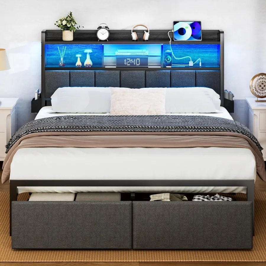 Full Size Bed Frame with Headboard ,with Storage Drawers, Charging Station, and LED Lights.