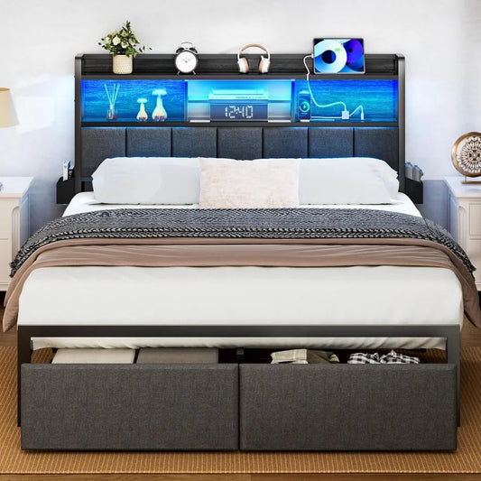 Full Size Bed Frame with Headboard ,with Storage Drawers, Charging Station, and LED Lights.
