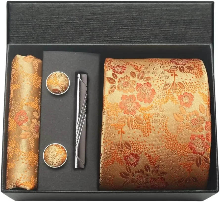 100% Silk Necktie Paisley Floral Men Business Tie, Pocket Square ,Tie Clip ,Cufflinks Set  Gift Box.