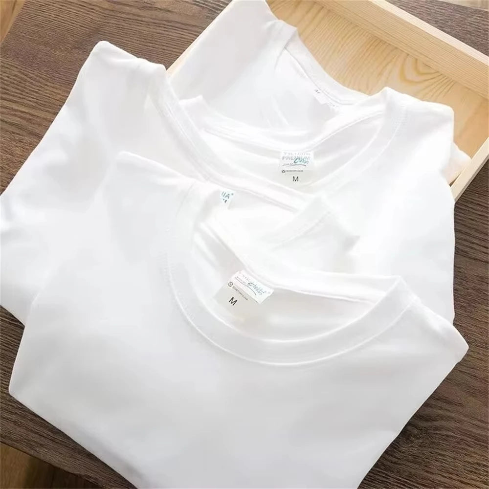 500/300g Heavy-duty White Pure Cotton T-shirt, Thickened Threaded Round Neck Short Sleeves.