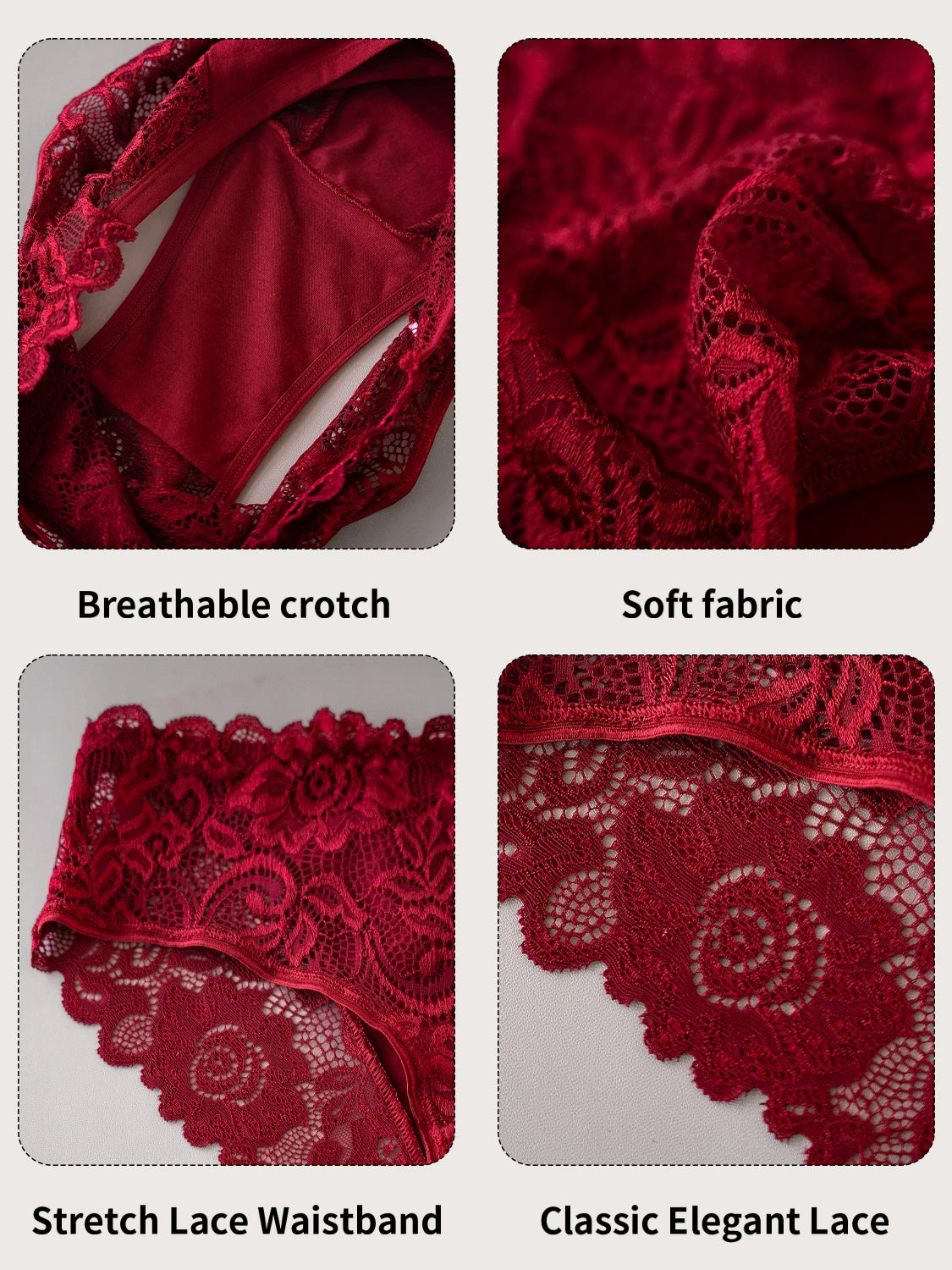 5PCS High End Lace Panties for Women, Pure Cotton Crotch Breathable Sexy Briefs Solid Color.