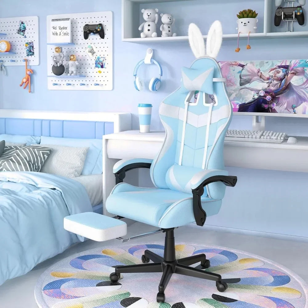 Light Blue Gaming Chair With Footrest