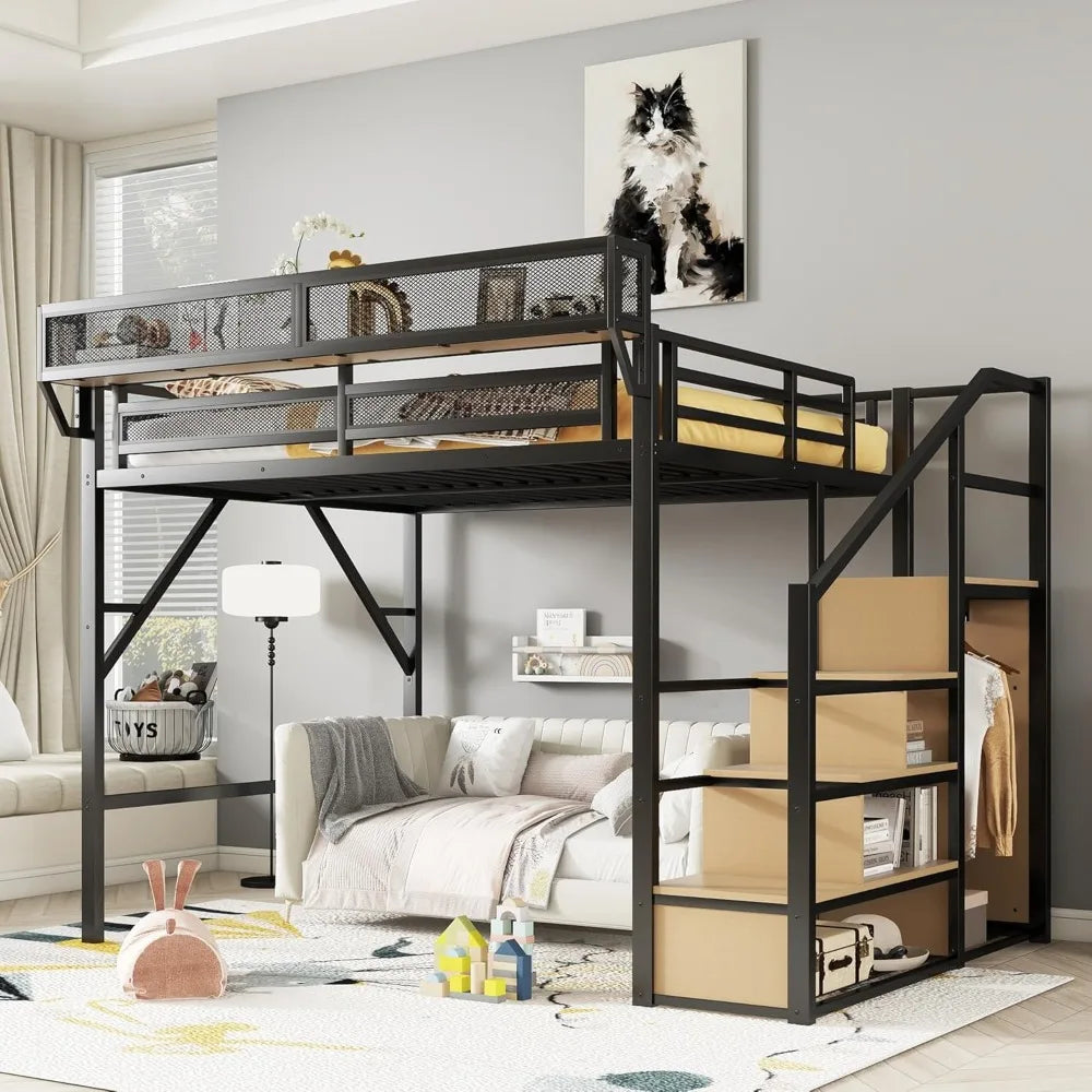 Queen Loft Bed with Staircase, Storage Shelves & Wardrobe, Metal Frame, Easy Assembly, Black