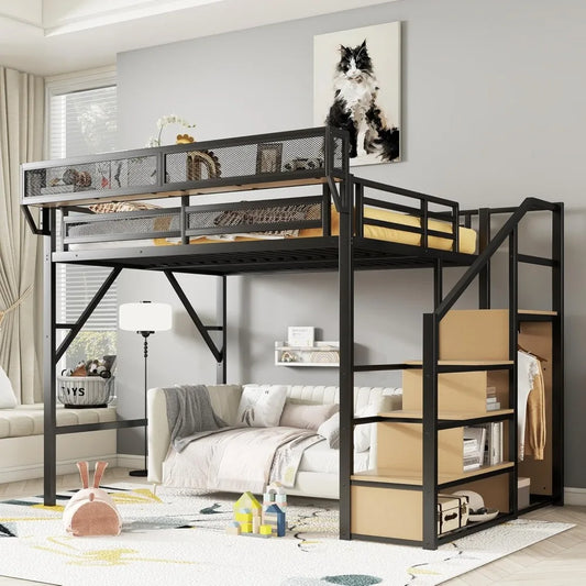 Queen Loft Bed with Staircase, Storage Shelves & Wardrobe, Metal Frame, Easy Assembly, Black