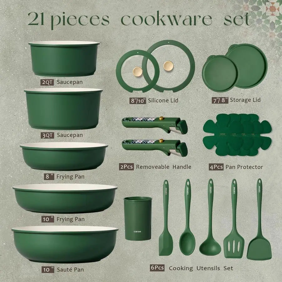 21Pcs Ceramic Cookware Set, Pots and Pans Non stick, Non Toxic Cookware Detachable Handle.