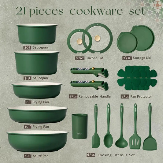 Juego de batería de cocina de cerámica de 21 piezas, ollas y sartenes antiadherentes, batería de cocina no tóxica con mango desmontable.