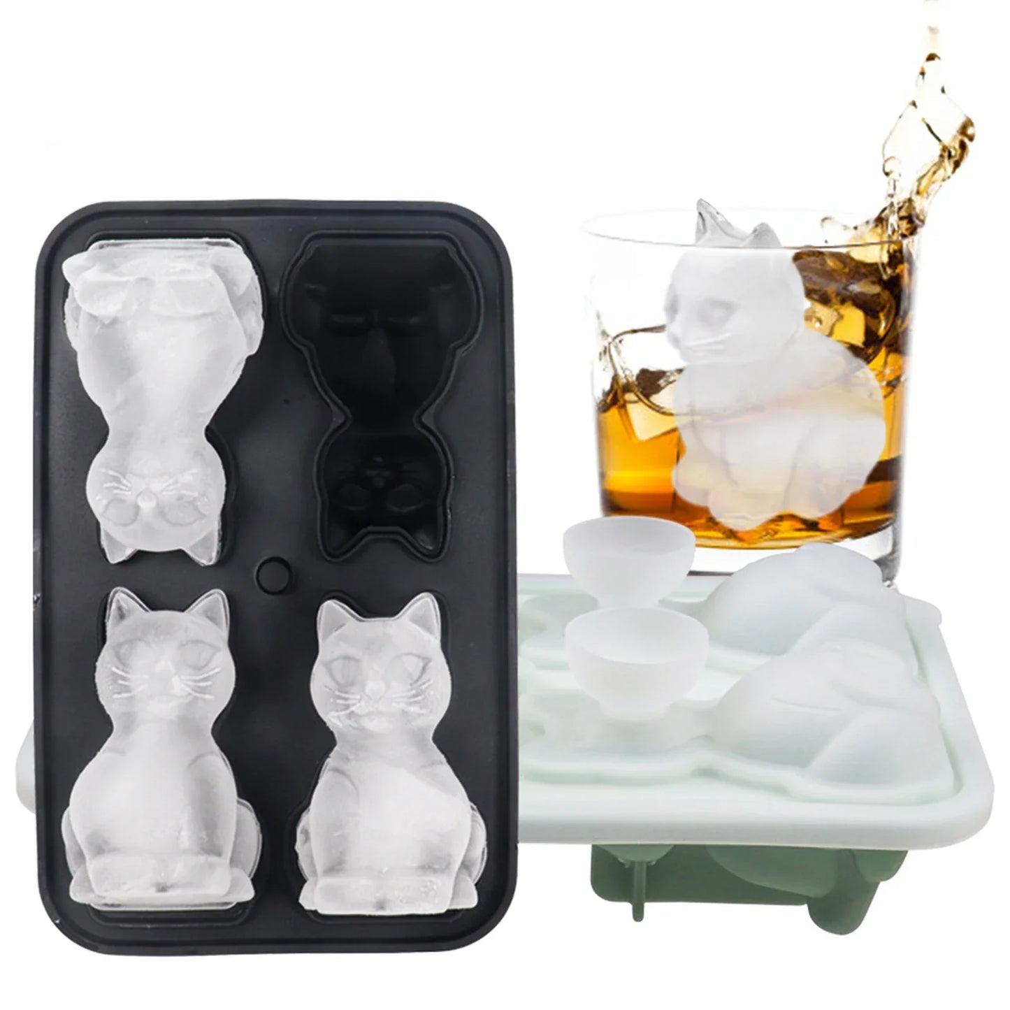 3D Cat Ice Cube Mold With Funnel Silicone, 4 Cavity Cat Ice Cube Trays For Whiskey, Wine, Cocktail.
