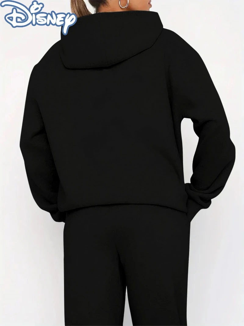 Women Mickey & Minnie Mouse Print Hoodie- Cozy Pullover with Drawstring Waist, Casual Fall/Winter.