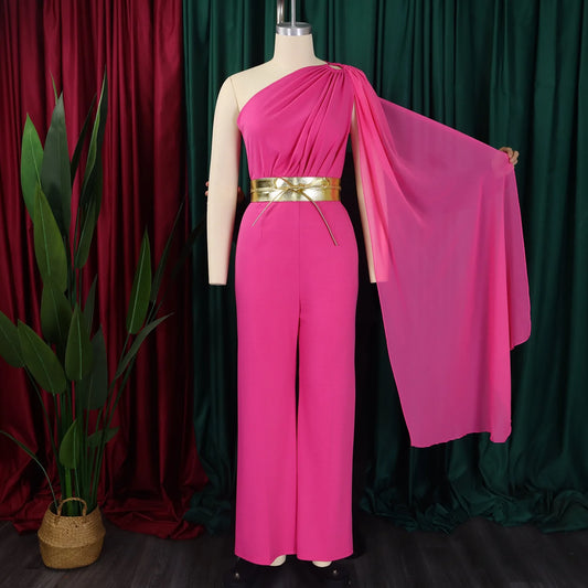 Elegant Jumpsuits & Rompers for Woman, One Shoulder Flying Sleeve High Waisted Luxury Dinner Outfits.