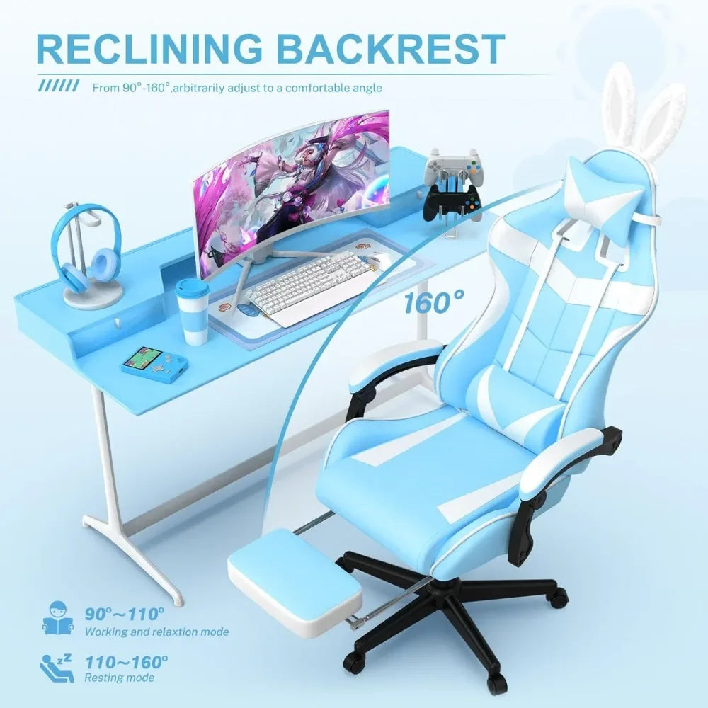 Light Blue Gaming Chair With Footrest