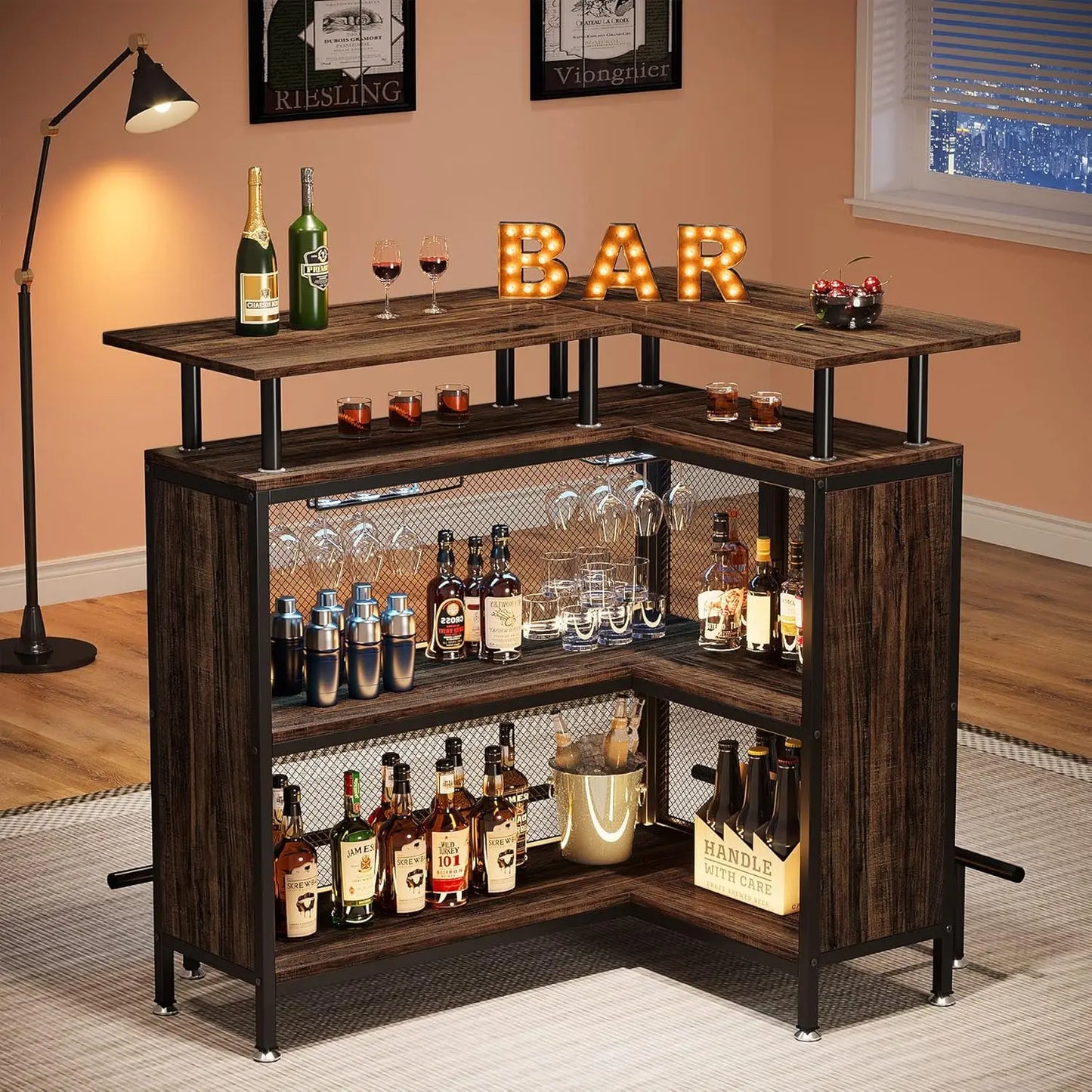 L-Shaped Bar Table with Stemware Racks and 2-Tier Shelves with footrest